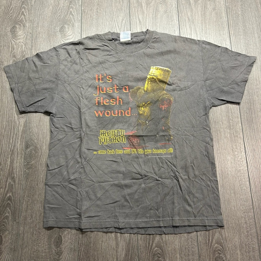 Vintage 2001 Monty Python Holy Grail Flesh Wound Black Knight T-Shirt XL Gray
